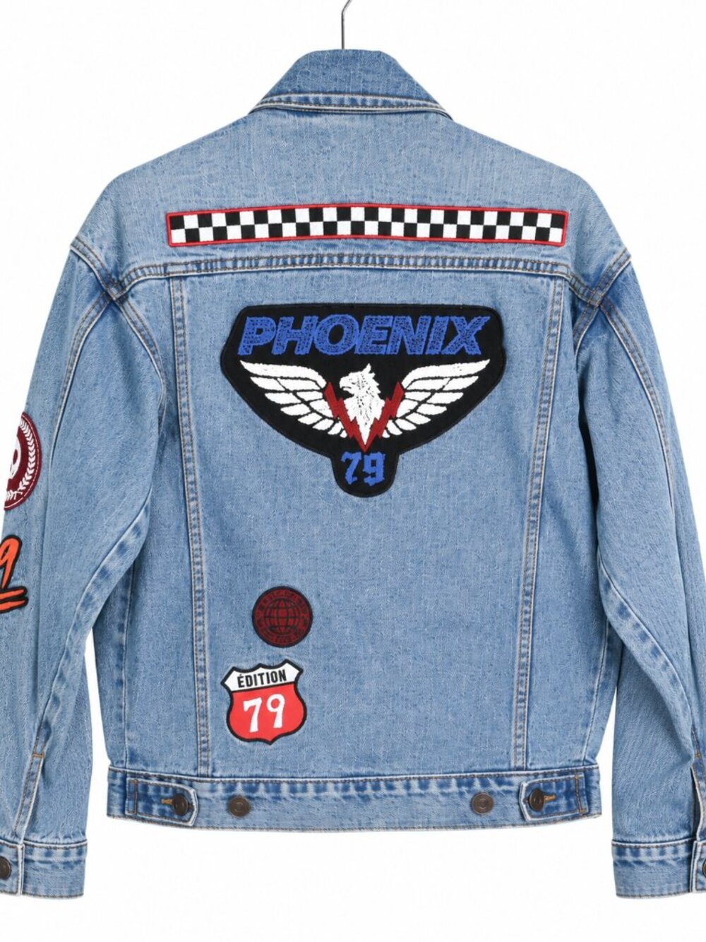 Forever 21 Custom Patch Denim Jacket Racing Moto Phoenix Women’s Medium - Picture 3 of 5